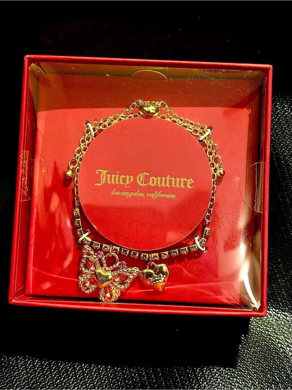 Juicy Couture Gold Butterfly and Heart Charm Bracelet Necklace, Gold & Red